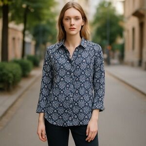 Coral Bay Linen Blend Button Down Shirt Floral Print 3/4 Sleeve XL